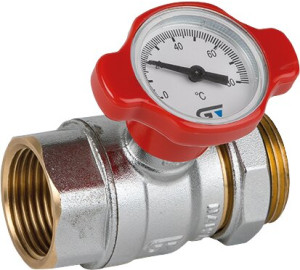 Ball valve with thermometer for hot water manifold.